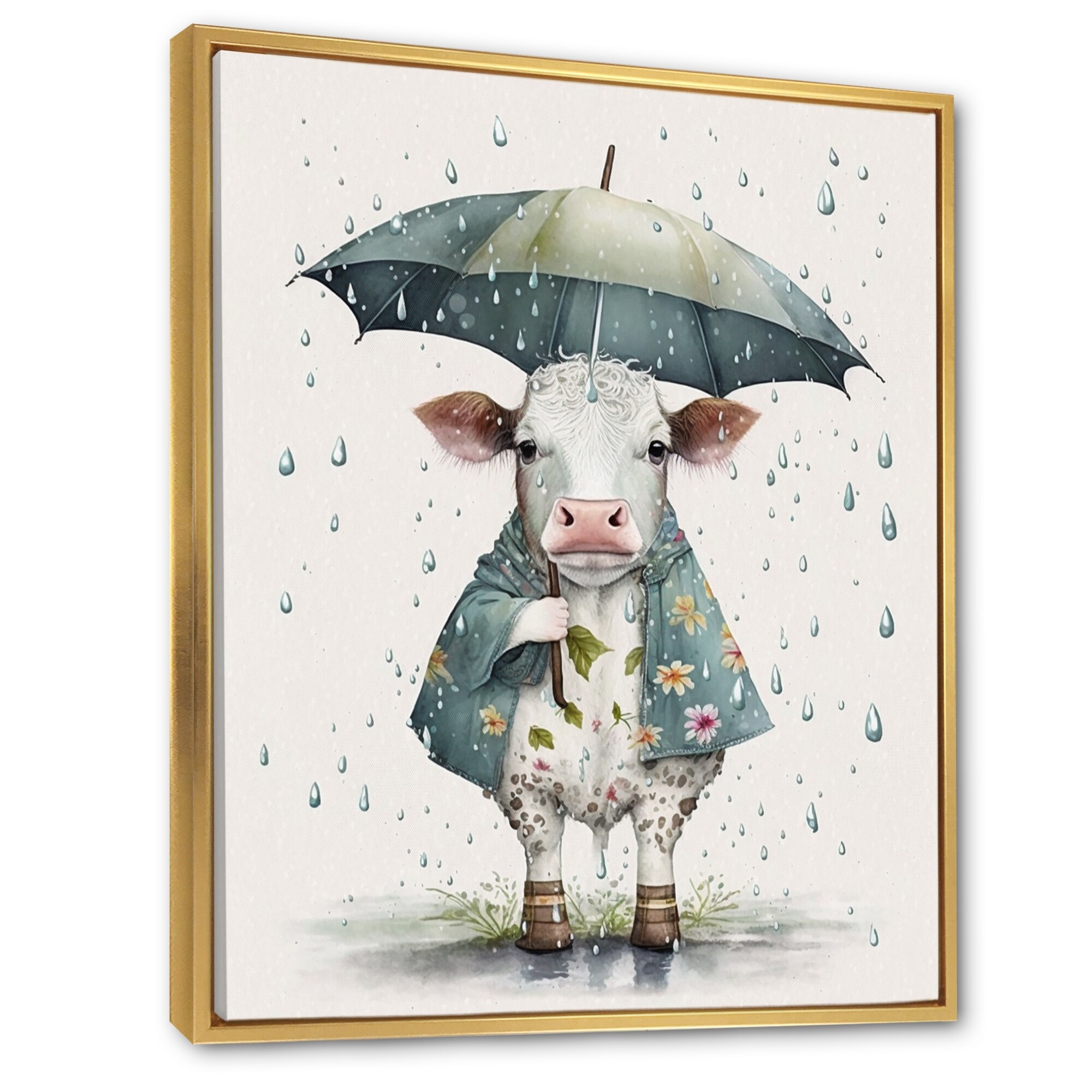 cow print patio umbrella White And Grey Foldable Features a wooden shaft and crook handle Designart "Cute Cow With Umbrella