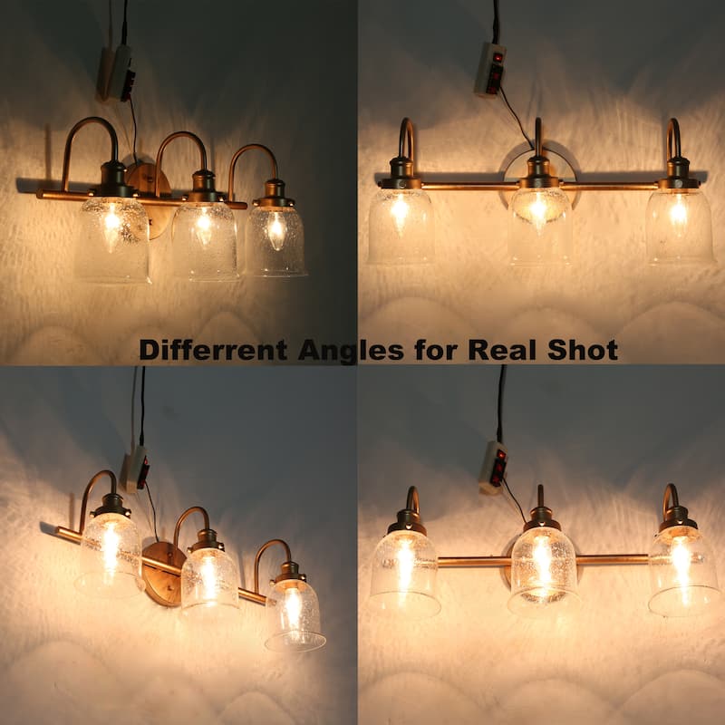 Modern Seeded Glass Bathroom Vanity Light Gold 3-Light Farmhouse Wall Sconces Dimmable - Brass Gold - L 21"xW 9"xH 8"