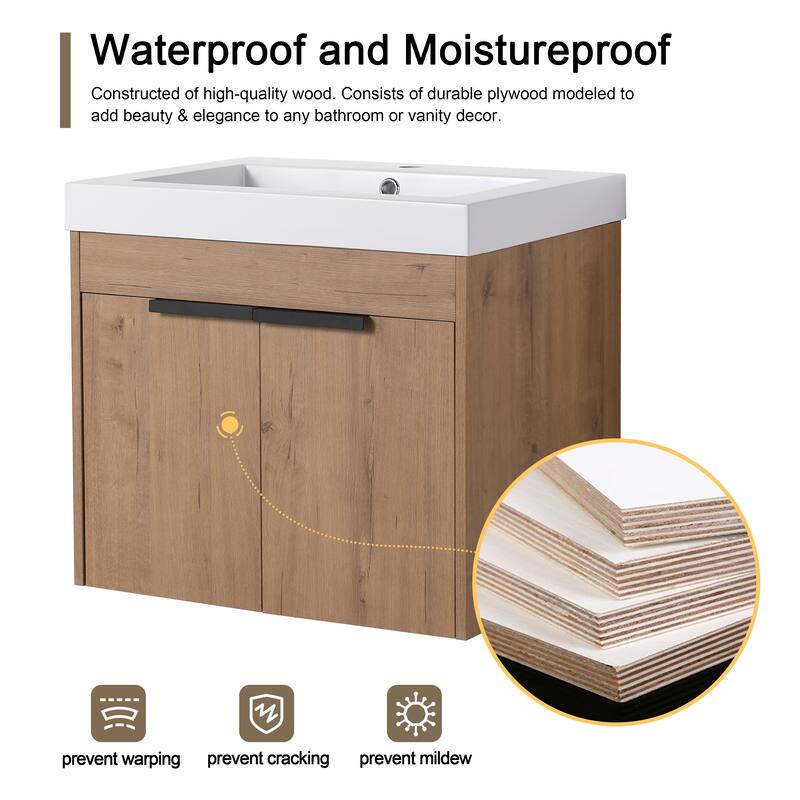 Malwee 24" Floating Bathroom Vanity, Modern Wall Mounted Bathroom Vanity with Resin Top and Soft Close Door