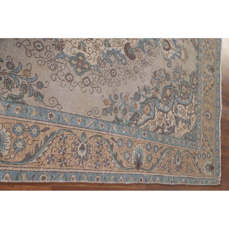 Hand Knotted Oriental 100% Wool Carpet Traditional Floral Beige & Ivories Tabriz Area Rug - 9' 5'' X 6' 5''