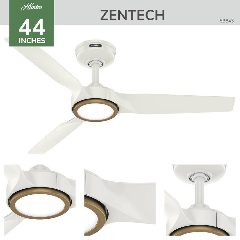 Hunter ZenTech Indoor / Outdoor 3-Blade Smart Ceiling Fan w/ LED Light and Handheld Remote - Modern & Contemporary.
