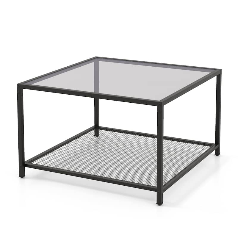 Tempered Glass and Black Metal 2-Tier Coffee Table with Mesh Shelf and 110 lbs Capacity - 27.5" x 27.5" x 18" - Grey