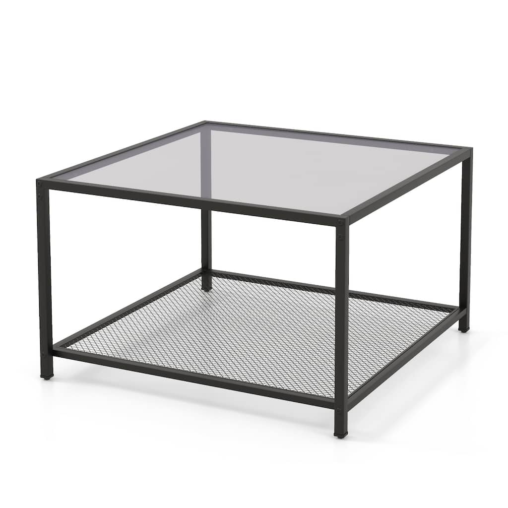 Tempered Glass and Black Metal 2-Tier Coffee Table with Mesh Shelf and 110 lbs Capacity - 27.5" x 27.5" x 18"