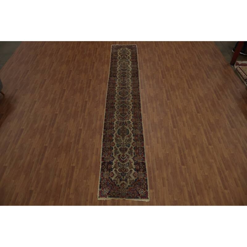 Hand Knotted Oriental 100% Wool Carpet Traditional Floral Beige & Ivories Kerman Runner Rug - 19' 3'' X 3' 1''