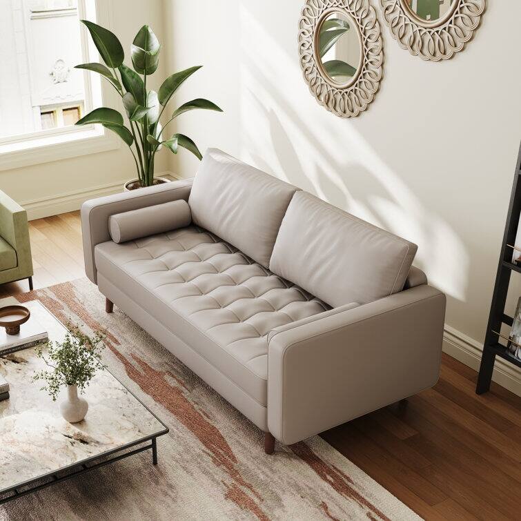 Stateside Upholstered Leather Square Arm Sofa Couch 70'' - Beige