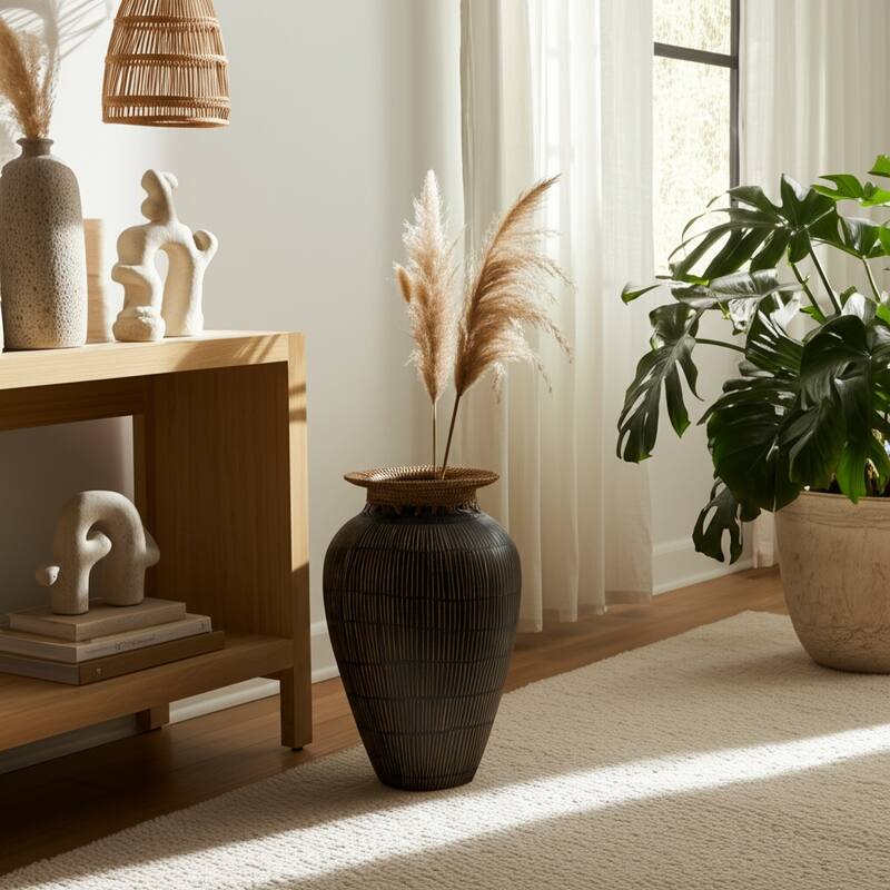Handcrafted Decorative Table Vase with Artisan Texture, 19", Black