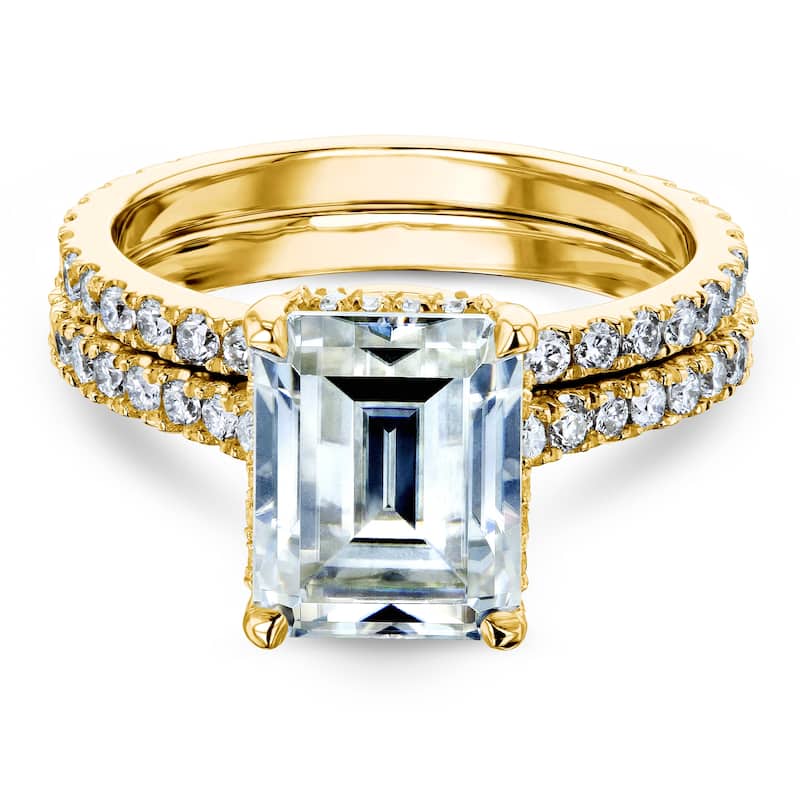 Annello by Kobelli 14k Gold 3 1/6ct TDW 9x7mm Emerald Moissanite and Diamond Drop Halo Bridal Rings Set