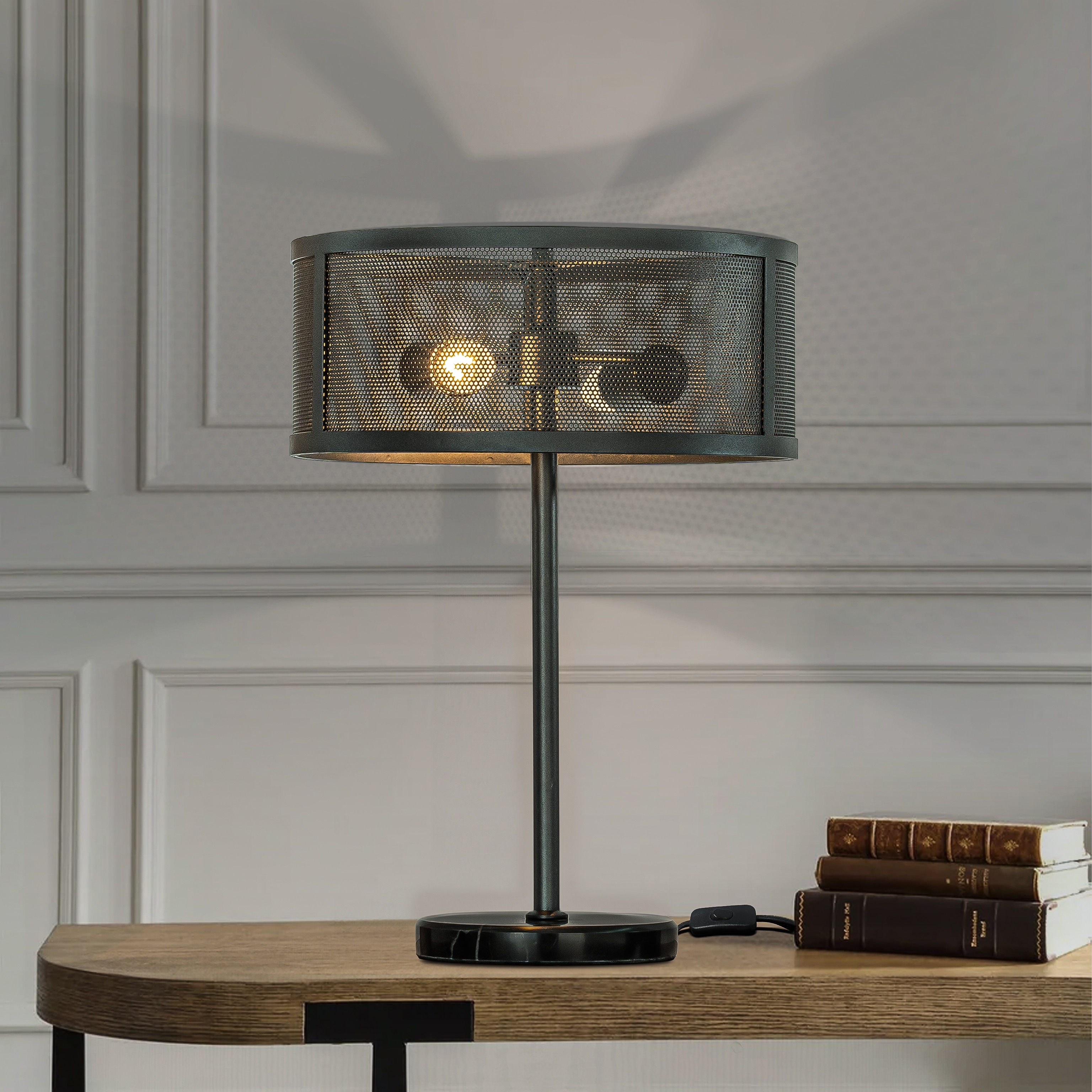 2 Light 14 inch Rustic Industrial Matte Black Table Lamp with Metal Mesh Open Cage Lampshade and Marble Base W14