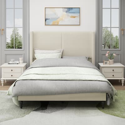 Bed Frame With 55.5" High Back Upholstered Headboard - 12 Slat Support, Thickened Side Panels,No Box Spring Needed