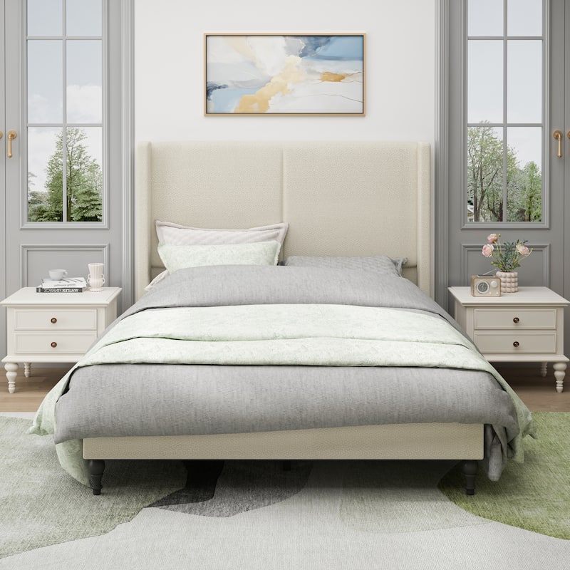 GDFStudio - Jane 55.5" High Back Upholstered Headboard Bed Frame with Slat Support and Solid Wood Feet