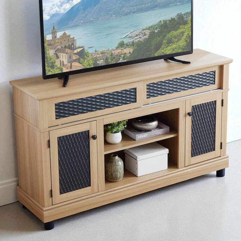 58.27" Embossed Pattern TV Stand for TVs up to 65", Sliding Door Media Console with Cabinets, Open Shelf, 8 Cable Cutouts