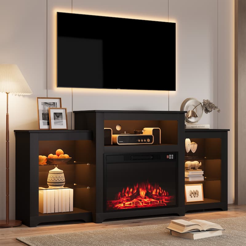 32" H TV Stand with Fireplace for TVs up to 80" - Remote Control, Energy-Efficient Heater, 16-Color Light Strip - 70'' - Black