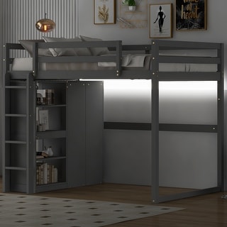 Full Loft Bed w/Storage Shelves & Wardrobe, Modern Gray Wood High Frame Bed w/Led Light & Safety Guardrail, No Box Spring Needed