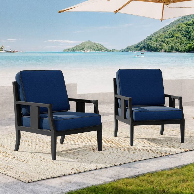 Black Wood Patio Accent Chairs with Water-Resistant Cushions - Navy
