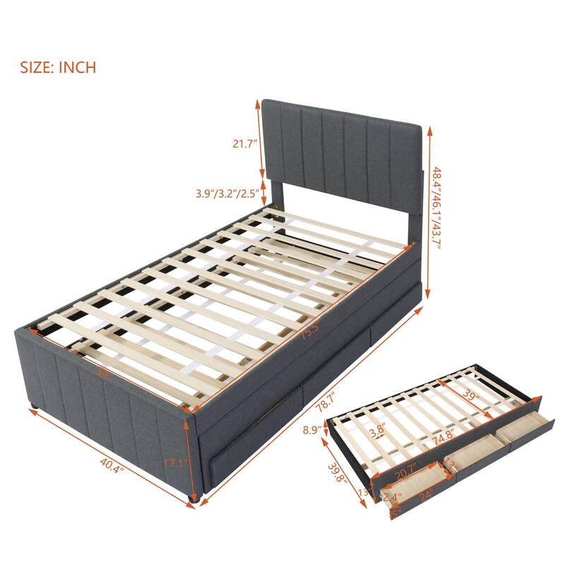 Twin Size Upholstered Platform Bed w/ Trundle Linen Fabric Storage Bed Frame & 3 Drawers, Space-Saving/No Box Spring Required