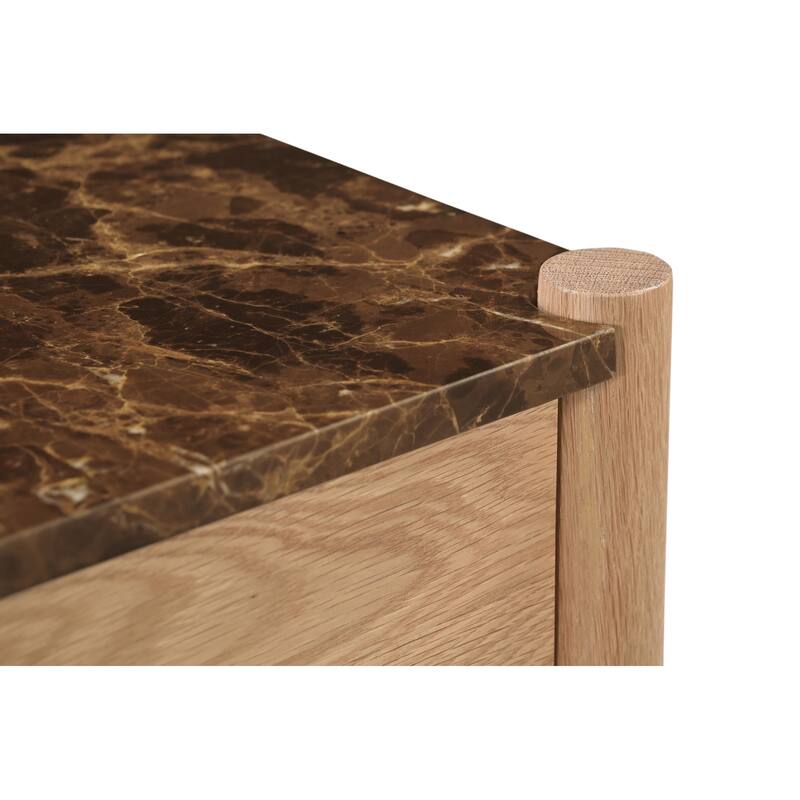 NADAAL STUDIOS Rivenor Nightstand, 1-Drawer, Dark Emperador Marble Top with Oak Body, Brown