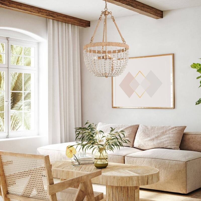 Farmhouse Boho Beaded 3-Light Chandelier for Foyer Entryway Dining Room - Dia. 17" x H 28.5"