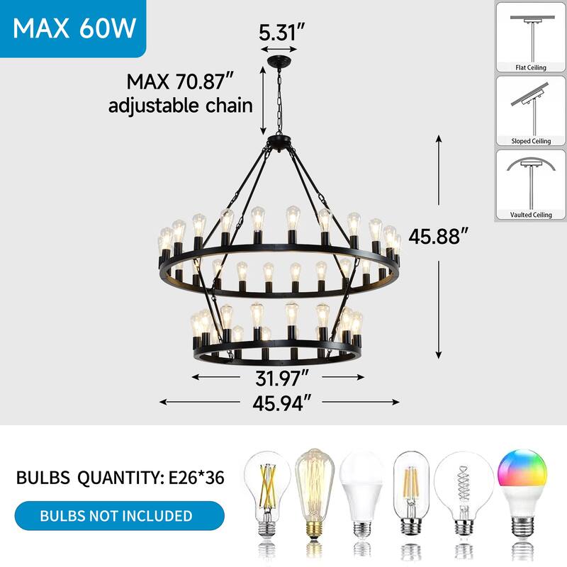 47.24 Inch Matte Black Wagon Wheel Chandelier With 36-Lights (24+12) (No Bulbs)