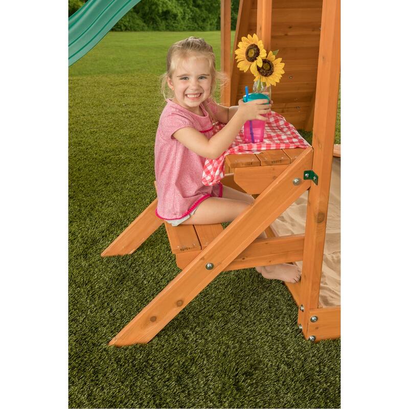 Sky View Wooden Swing Set with Slide, Glider, Picnic Table, and Playset Accessories