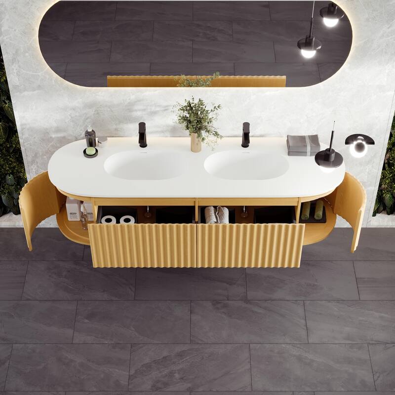 Haven 71"W Oak DS Wallmount Bath Vanity with Integrated Sinks