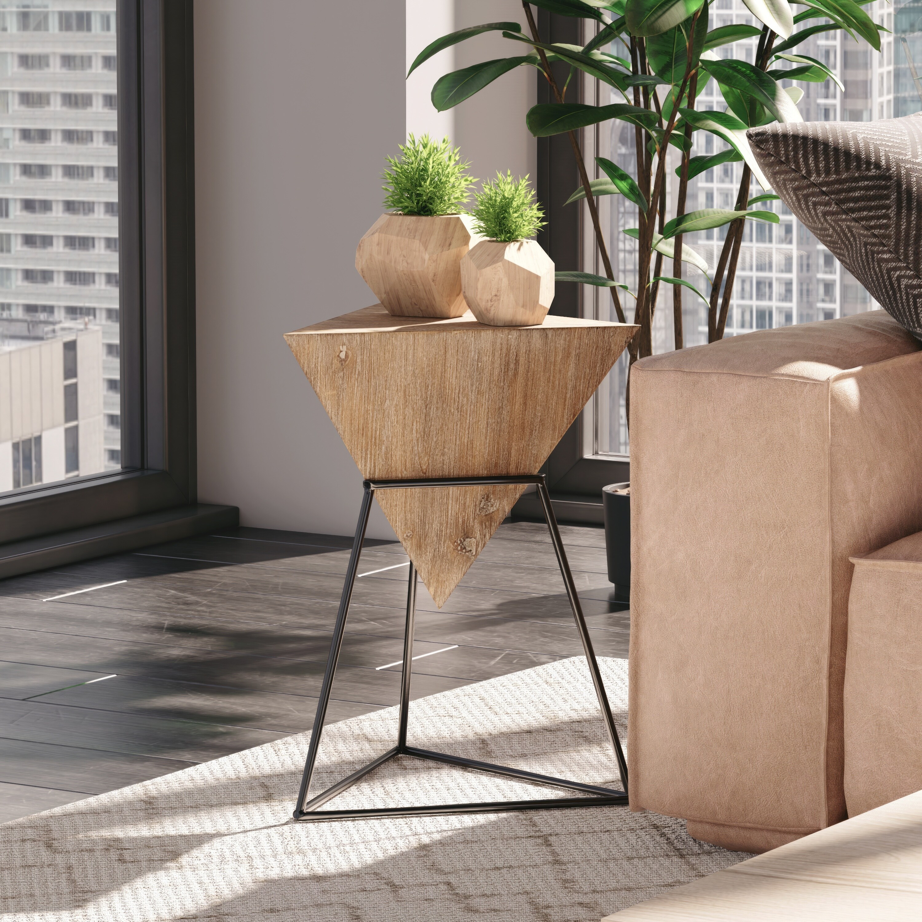 COZAYH Modern Geometric End Table with Wooden Top and Metal Base Unique Pyramid Side Table Plant Stand for Office Triangle