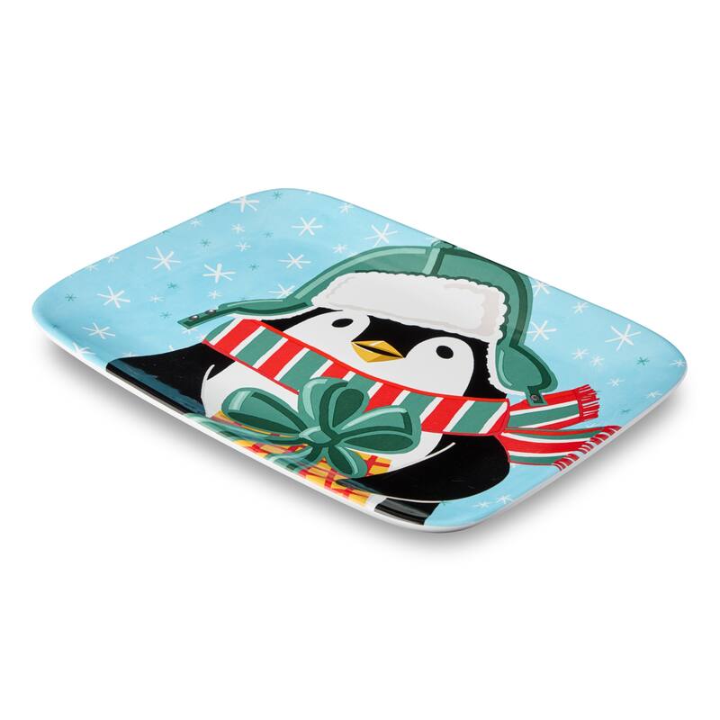 Certifed International Christmas Whimsy Penguin Rectangular Platter 14" x 10" - 14 L x 10 W x 1.125 H