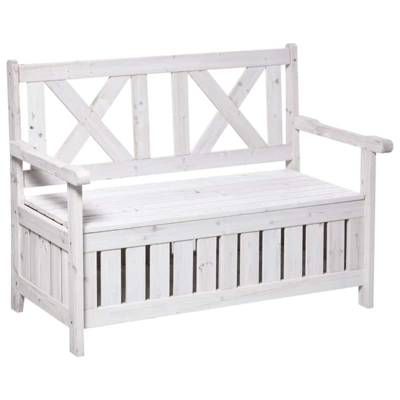 Fir Wood Garden Storage Bench with High Back and Armrest - 45.25" W x 24" D x 33.5" H - White
