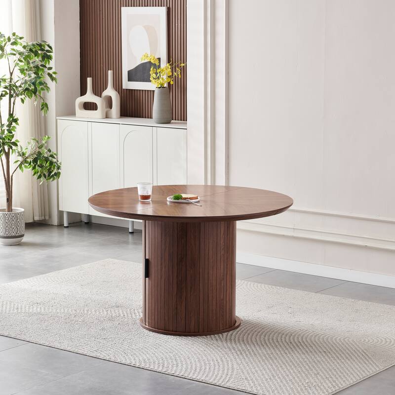 Round Dining Table with Two Layers of Storage Shelves. Wood Tea Desk, Flexible-opening Storage Door, Large Storage Space