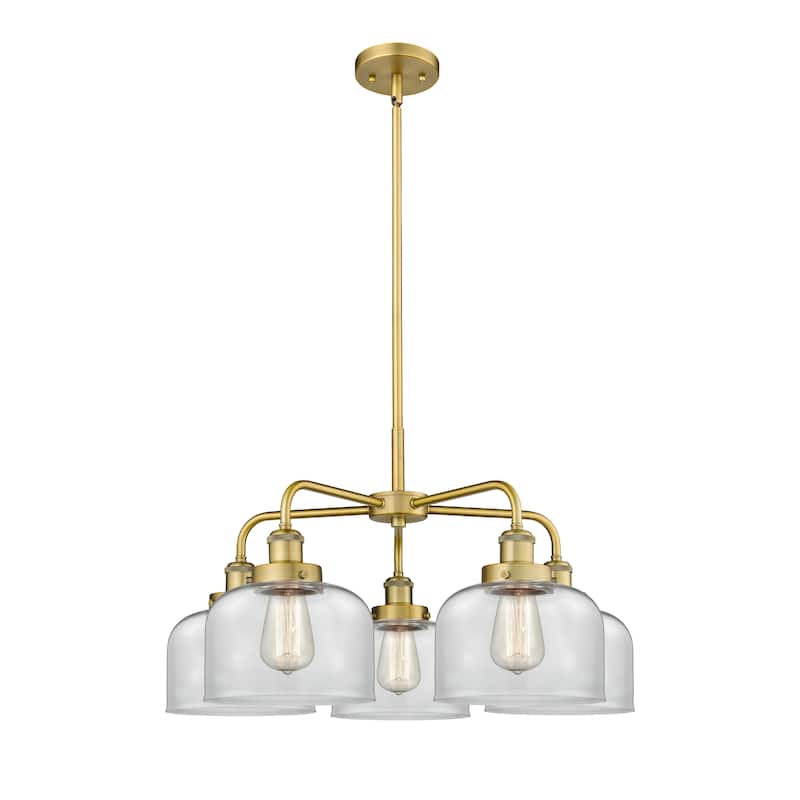 Innovations Lighting Bell - 5 Light 26" Stem Hung Chandelier - Clear/Brushed Brass
