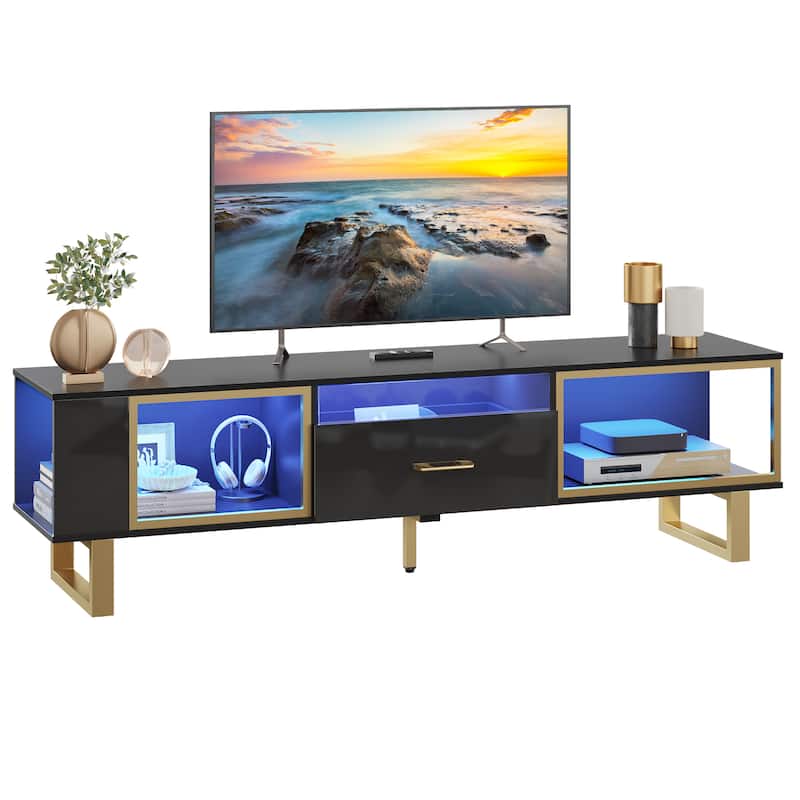 70" Led TV Stand for 75/80 inch TV, Glossy Media Console with Half-Glass Drawer