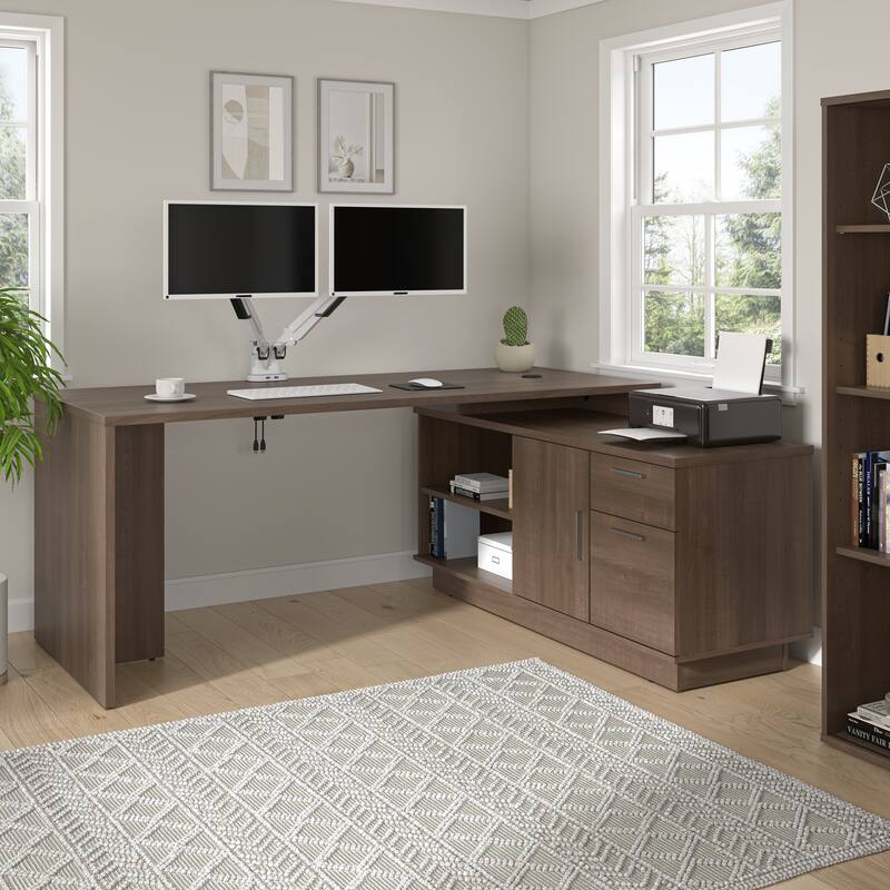 BESTAR Equinox 72W L-Shaped Desk with Monitor Arms - Antigua & White