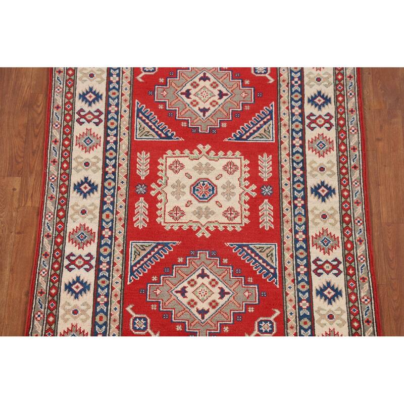 Geometric Red Kazak Accent Rug Handmade Oriental Wool Carpet - 3'3" x 4'10"