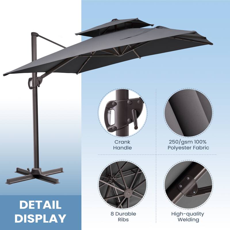 Double top 10.5 ft. x 9 ft. Heavy-Duty 360-Degree Rotation Cantilever Patio Umbrella
