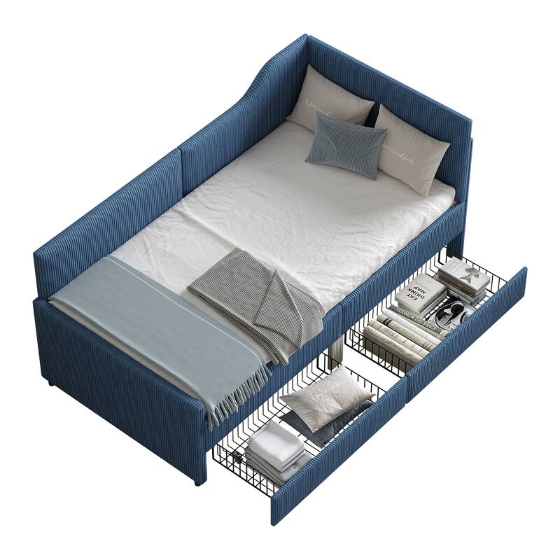 L-Shaped Daybed,Upholstered Bed Frame with 2 Storage Drawers