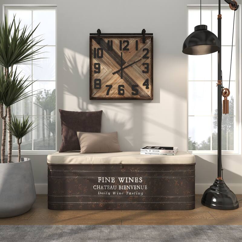 Brown Metal Storage Bench with Cream Burlap Top and Champagne Typography