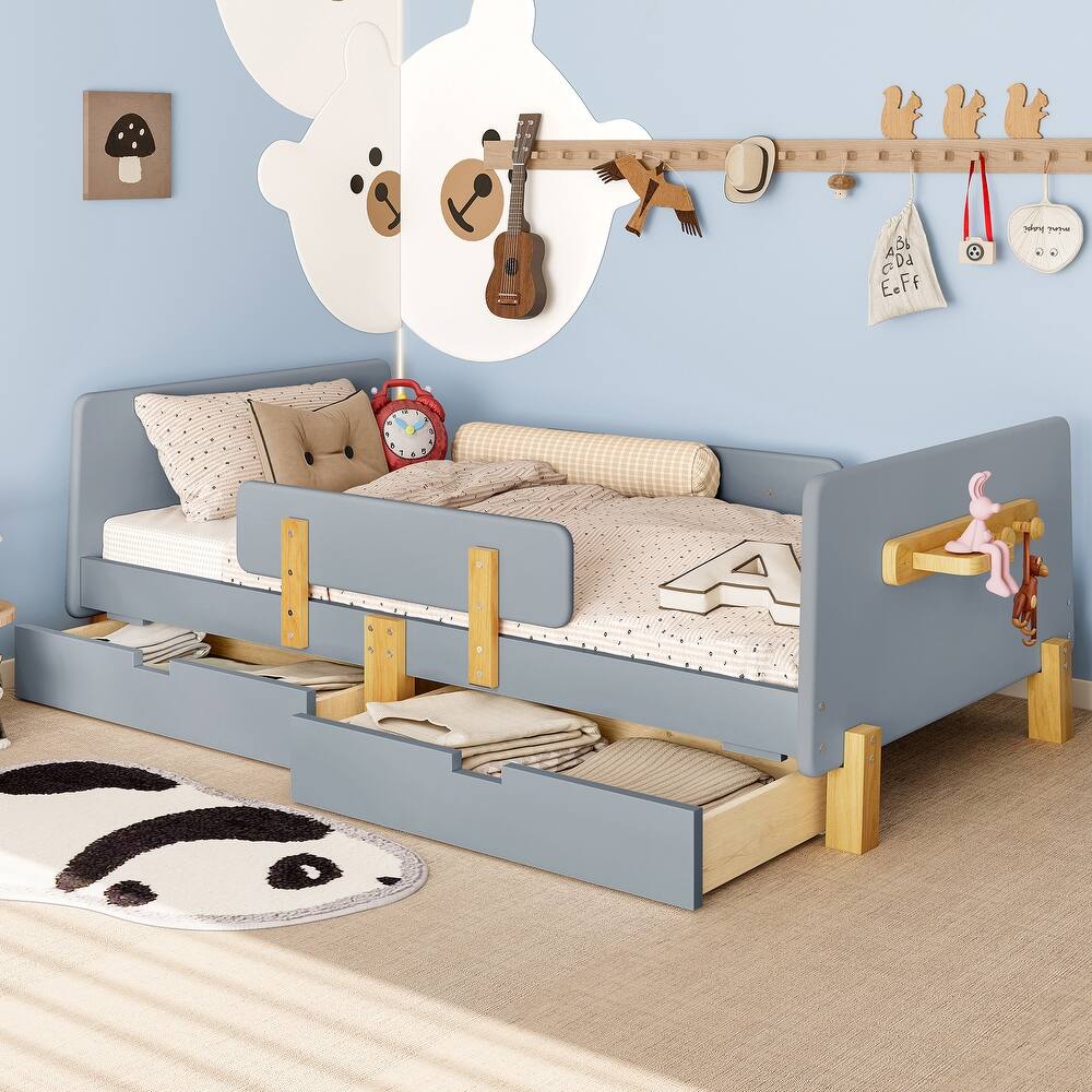 Full/Twin Platform Bed with Storage Drawers, Guardrail & Hooks