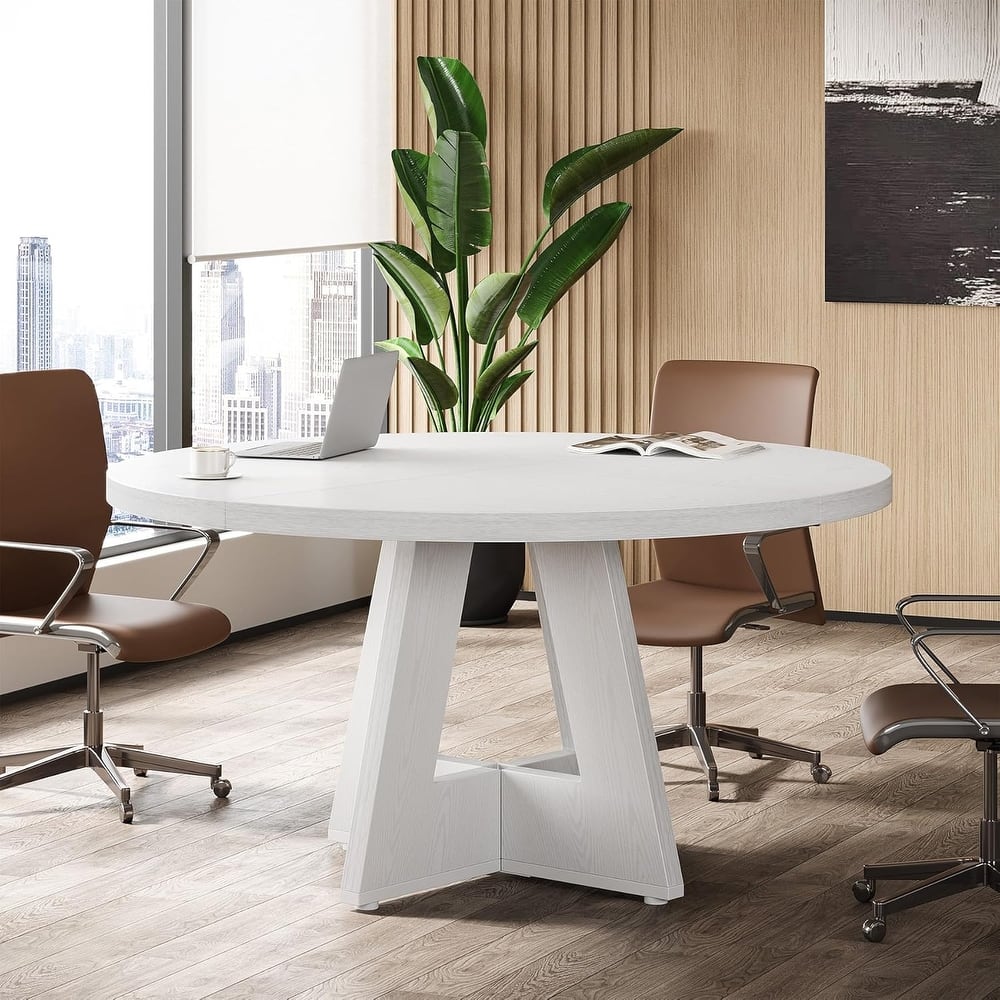 47" Round Conference Table Meeting Room Table with Thickened Top Wood Base Modern Training Desk for Conference/Seminar Room