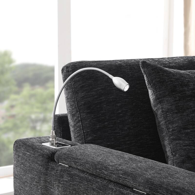 Tufted Chenille Sectional Sofa with Pull-out Bed, Flip-up Table Panel, Reading Lamp, Charging Ports, Storage Ottoman, 6 Pillows