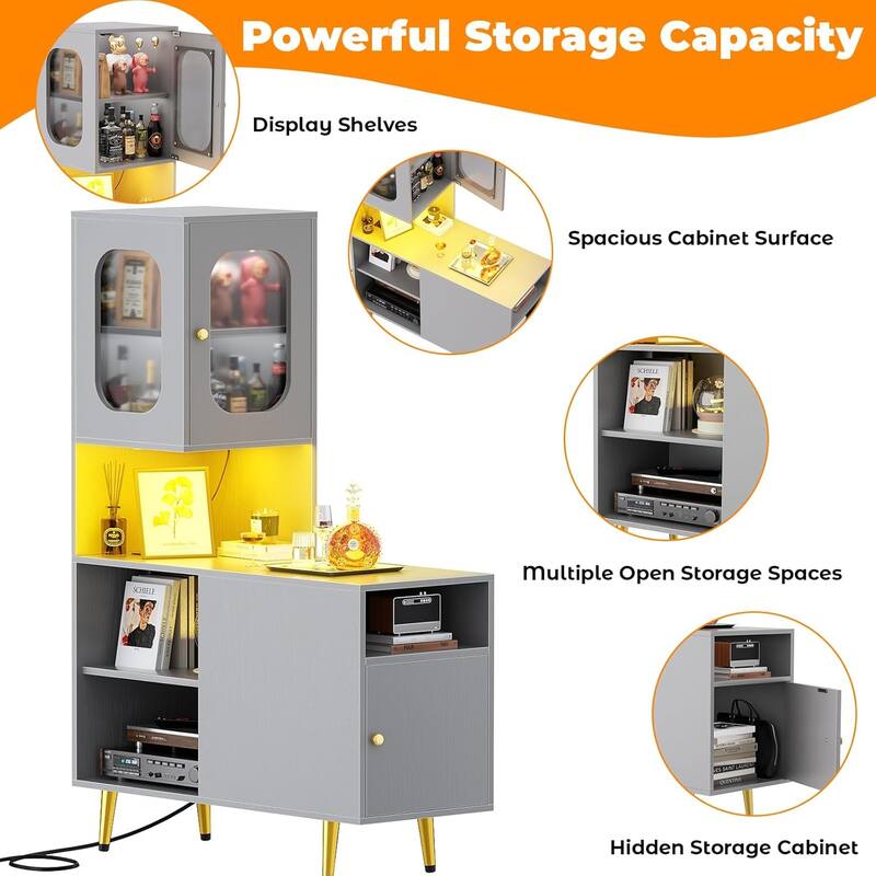Reversible Corner Storage Cabinet with LED Lights and Power Outlets and Doors,Bed Side Table,Sofa Side Table