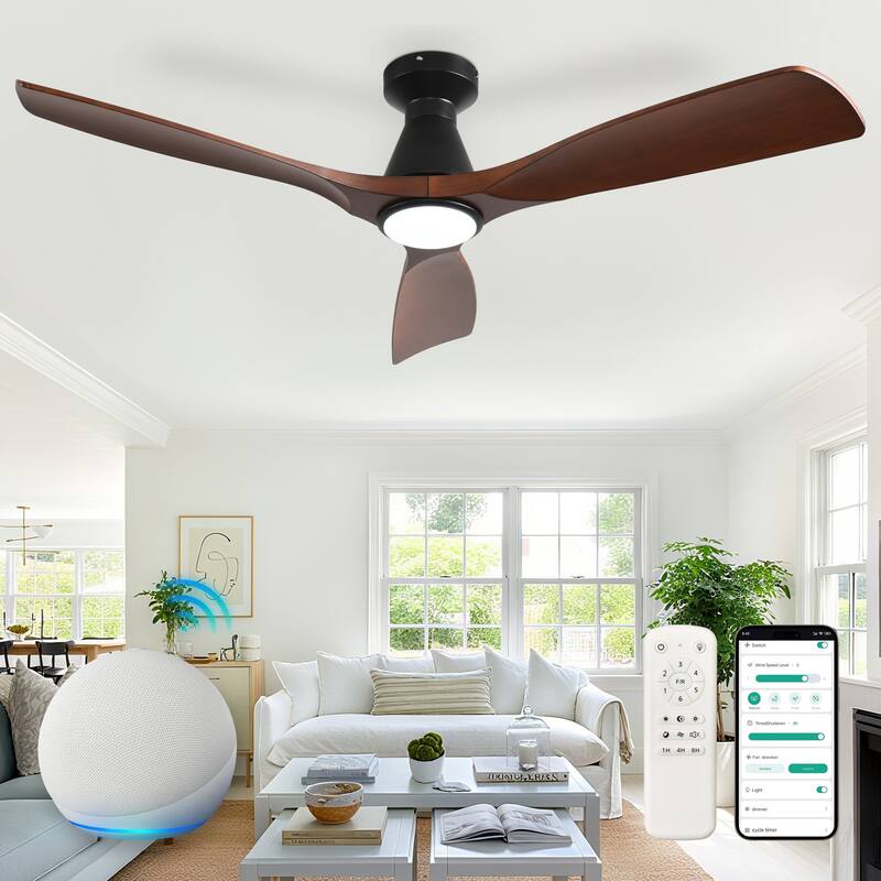 Ceiling Fans with Lights and APP: Flush Mount Low Profile Ceiling Fan for Bedroom - Dimmable Indoor Outdoor Fan - 52in - Walnut