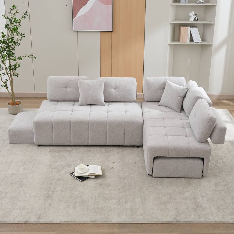 91.73" L-Shaped 4-Seat Sectional Sofa with 2 Hidden Stools, 2 Removable Lumbar Cushions, and Durable Chenille Fabric