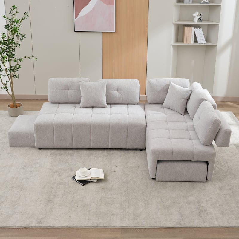 Grey 91.73" L-Shaped 4 Seater Sectional Sofa with 2 Hidden Stools, 2 Removable Lumbar Pillows, and Durable Chenille Upholstery