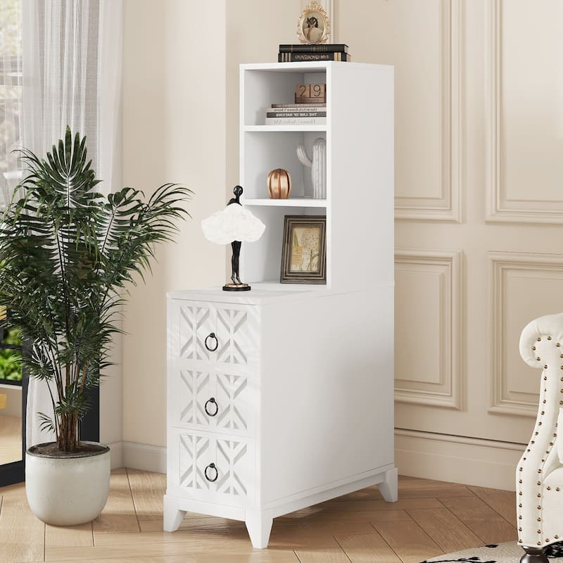 White Side Table Slim Nightstand Lamp Table with Drawers, File Cabinet Dressing Table Corner Table with Open Shelves