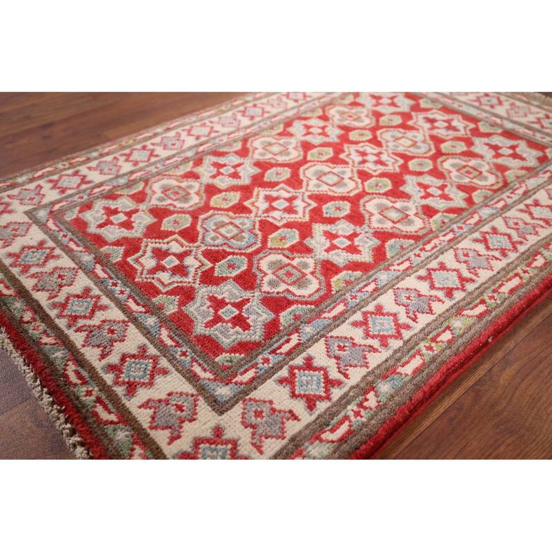 Geometric Kazak Foyer Rug Handmade Oriental Red Wool Carpet - 2'0" x 3'0"