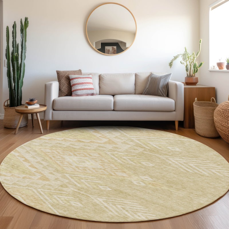 Machine Washable Indoor/ Outdoor Boho Tribal Chantille Rug - Tan - 8' x 8'