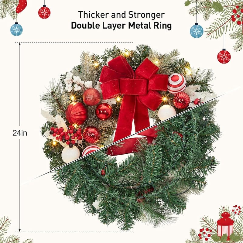 24 in Pre-Lit Christmas Wreaths with Lights, Xmas Wreath for Front Door - N/A