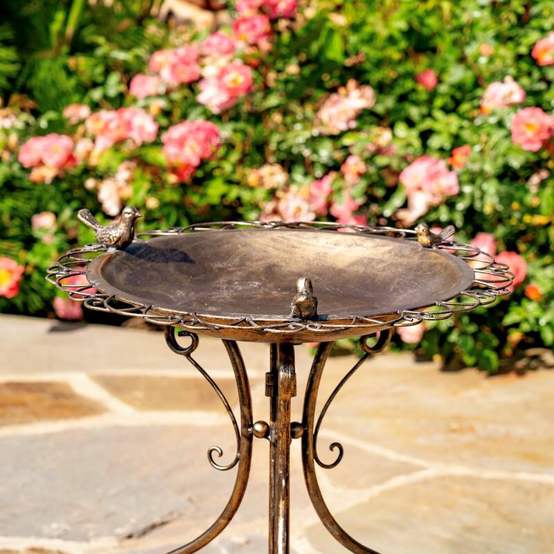28.75" Tall Ornate Iron Birdbath with 3 Small Birds "Stephania"