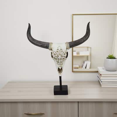 Animal Skull Tabletop Decor, Bone White and Black Resin, 16 Inch