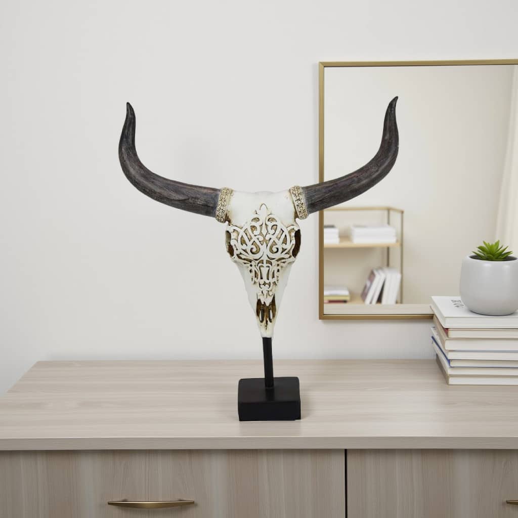 Animal Skull Tabletop Decor, Bone White and Black Resin, 16 Inch
