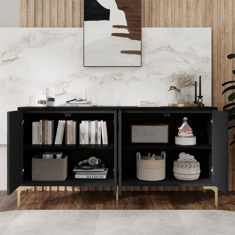 60-Inch Modern Handleless Sideboard with Push-to-Open Mechanism - 4-Door Carved Credenza in Sleek Black for Living Room.